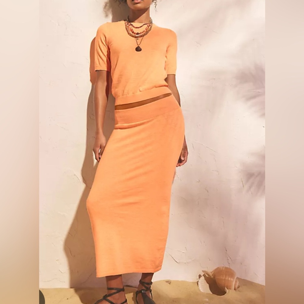 NEW Free People Isabella Cotton Linen Sweater Skirt Set Peachy Orange XS